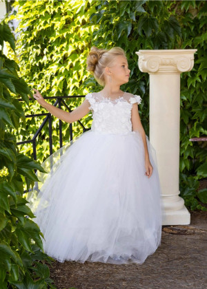 White Floral Lace Tulle V Back Long Flower Girl Dress